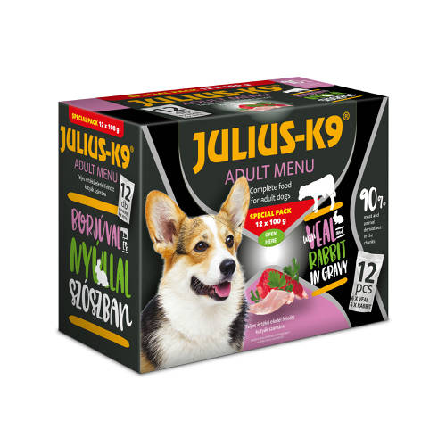 Julius - K9 Adult Menu Veal & Rabbit - nedves eledel (borjú,nyúl) válogatás szószban kutyák részére (12x100g)
