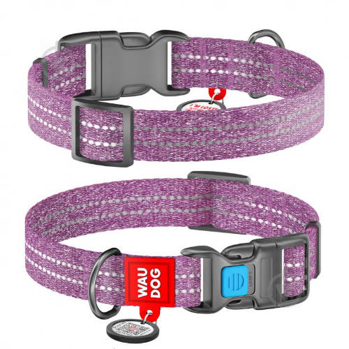 WAUDOG Re-cotton, Reflective Dog collar (XL) - nyakörv, újrahasznosított pamutból (QR kódos, fényvisszaverő csíkkal, lila) kutyák részére (37-58cm/25mm)