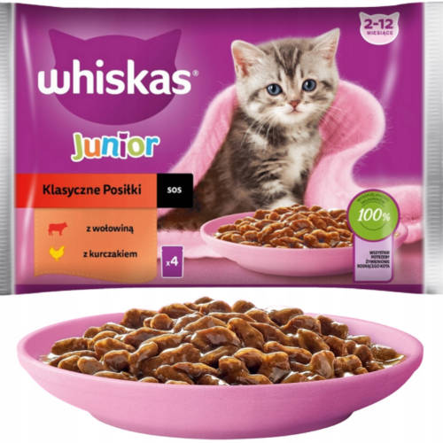 Whiskas Junior "Klasszikus Válogatás" - alutasakos (marha, csirke) mártásban - kölyök macskák részére (4x85g)
