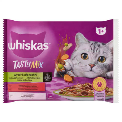 Whiskas Adult TastyMix "A Séf Választása" - mártásban - alutasakos (marha,baromfi,zöldség,lazac,sárgarépa) felnőtt macskák részére (4x85g)