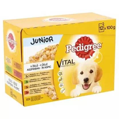 Pedigree Junior alutasakos eledel - marha,- bárány,-baromfi,-csirkehússal - aszpikban (12x100g)
