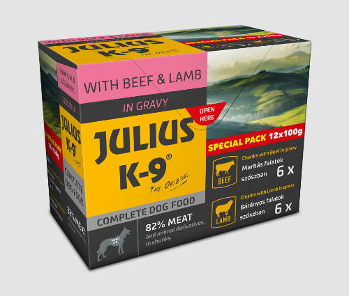 Julius - K9 Adult Menu Beef & Lamb - nedves eledel (marha,bárány) válogatás szószban kutyák részére (12x100g)