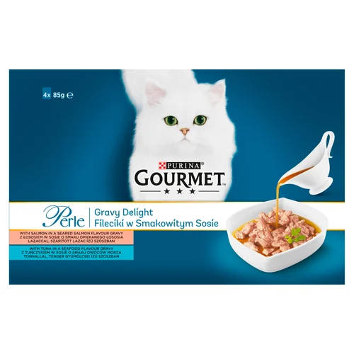 Gourmet Perle Gravy Delight falatok szószban (lazaccal és tonhallal) nedvestáp - macskák részére (4x85g)