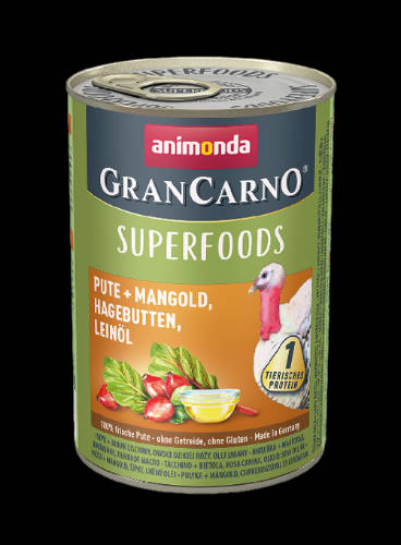 Animonda GranCarno Adult (superfood) konzerv - Felnőtt kutyák részére, pulyka, mángold, csipkebogyó, lenmagolaj (400g)