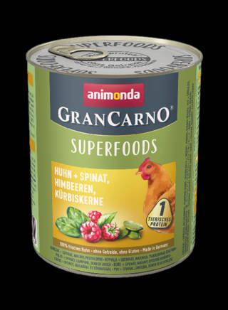 Animonda GranCarno Adult (superfood) konzerv - Felnőtt kutyák részére, csirke,spenót,málna,tökmag (800g)