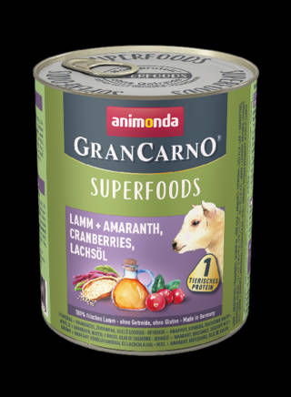 Animonda GranCarno Adult (superfood) konzerv - Felnőtt kutyák részére, bárány,  amaránt, áfonya, lazacolaj (800g)