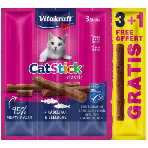 Vitakraft Cat Stick Mini - jutalomfalat (tőkehal, fekete tőkehal) macskák részére (3+1) 24g