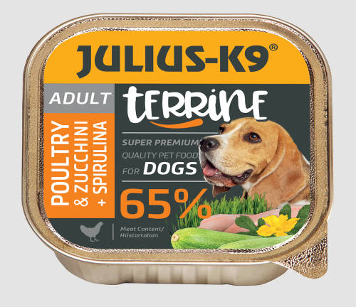 Julius-K9 Dog Terrine Adult Poultry&Zucchini, spirulina - nedveseledel (szárnyas,cukkini) felnőtt kutyák részére (150g)