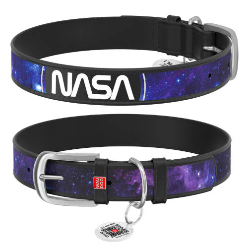 WAUDOG collar NASA21 - bőr nyakörv (QR kódos, NASA21 dizájn, fekete) kutyák részére (19-25cm/12mm) XXS-XS