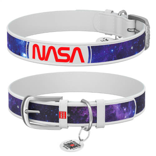 WAUDOG collar NASA21 - bőr nyakörv (QR kódos, NASA21 dizájn, fehér) kutyák részére (21-29cm/12mm) XXS