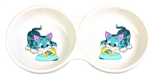 Trixie Ceramic Double Bowl - kerámia dupla tál (fehér,mintás) rövid orrú macskák részére (2x0,15l /Ø11cm)